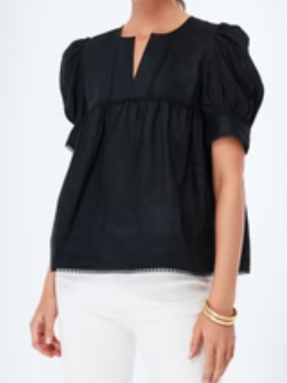 Tuckernuck Indra Black Puff-Sleeve Split-Neck Linen Blouse sz L
